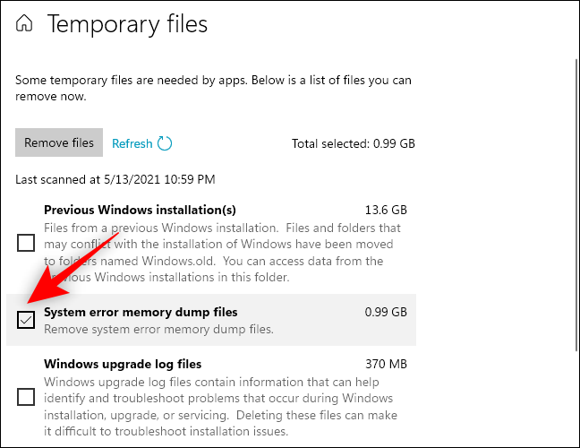 Check-box-for-sytem-error-memory-dump-files-already-selected-in-Storage-Settings