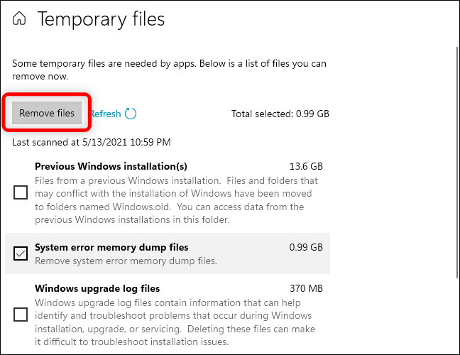 Click-Remove-files-box-to-delete-system-error-memory-dump-files