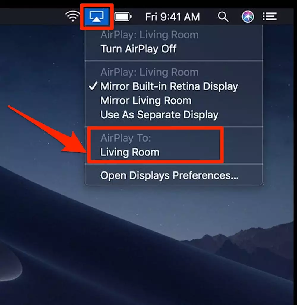 如何在 Mac 上打开和使用 AirPlay，以便在更大的显示器（如智能电视）上进行屏幕镜像