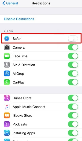 Disable-Safari-App-from-Restrictions-tab