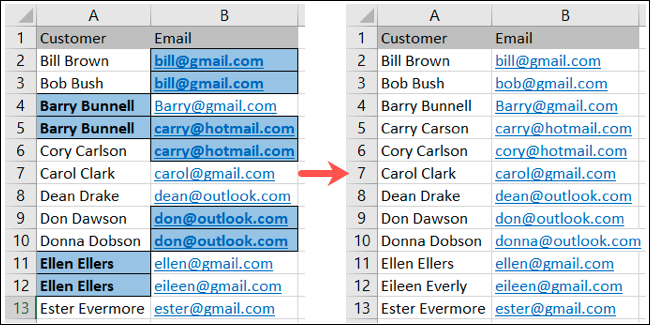 BeforeAfterDuplicateValuesCustomFormat-Excel