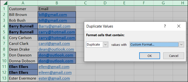 ConditionalFormattingDuplicateValuesCustomFormat-Excel