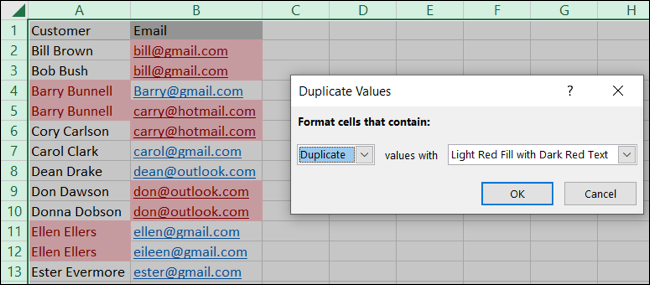 ConditionalFormattingDuplicateValuesDefaultFormat-Excel