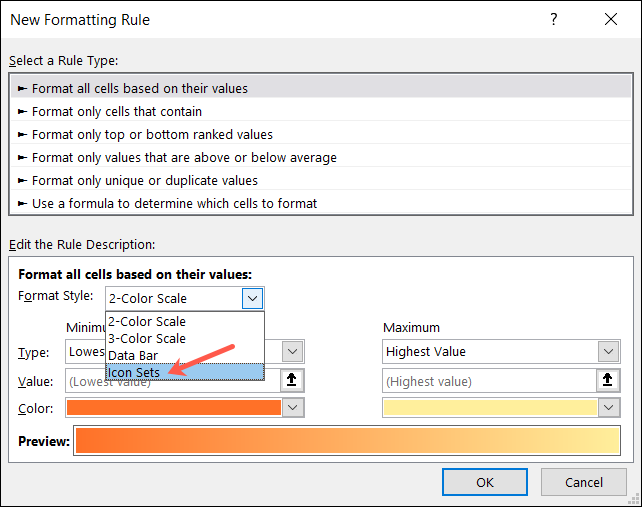 FormatBasedValuesChooseIconSets-Excel