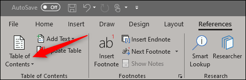 Select-table-of-contents-option-in-references-tab