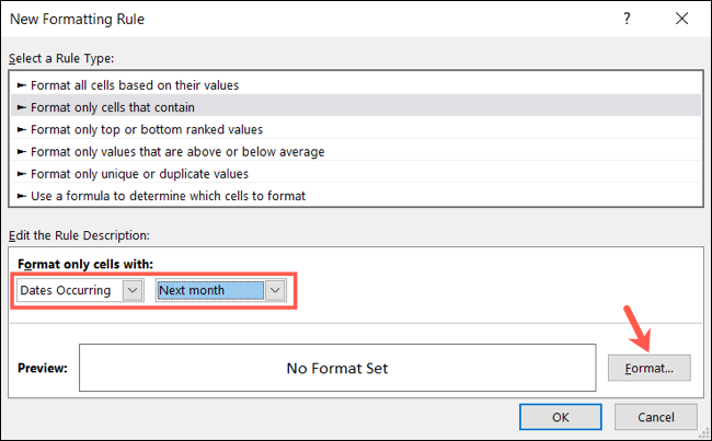 NewRuleCellsContainFormat-ExcelConditionalFormattingDates