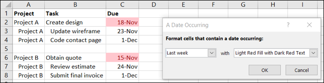 如何在 Microsoft Excel 中使用基于日期的条件格式