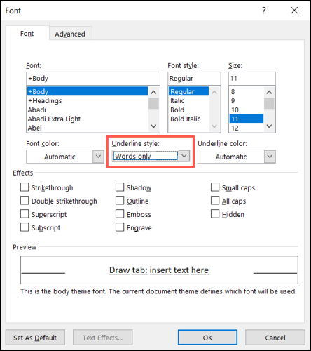 FontWordOnly-WordUnderline