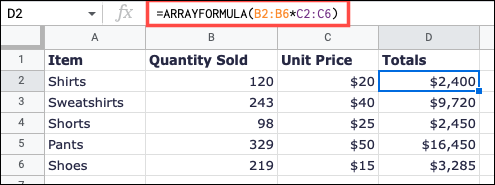 Multiply-GoogleSheetsARRAYFORMULA