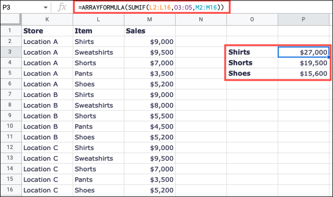 SUMIF-GoogleSheetsARRAYFORMULA