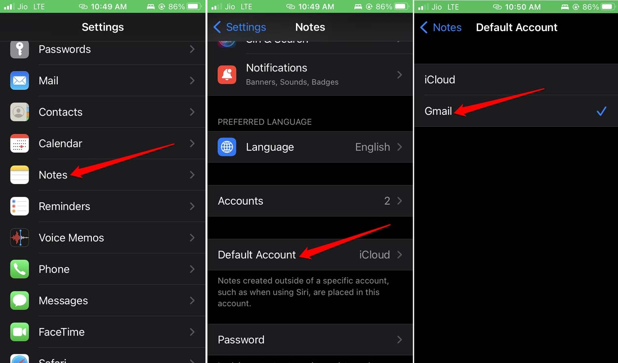 set-Gmail-as-default-account-for-Notes-app