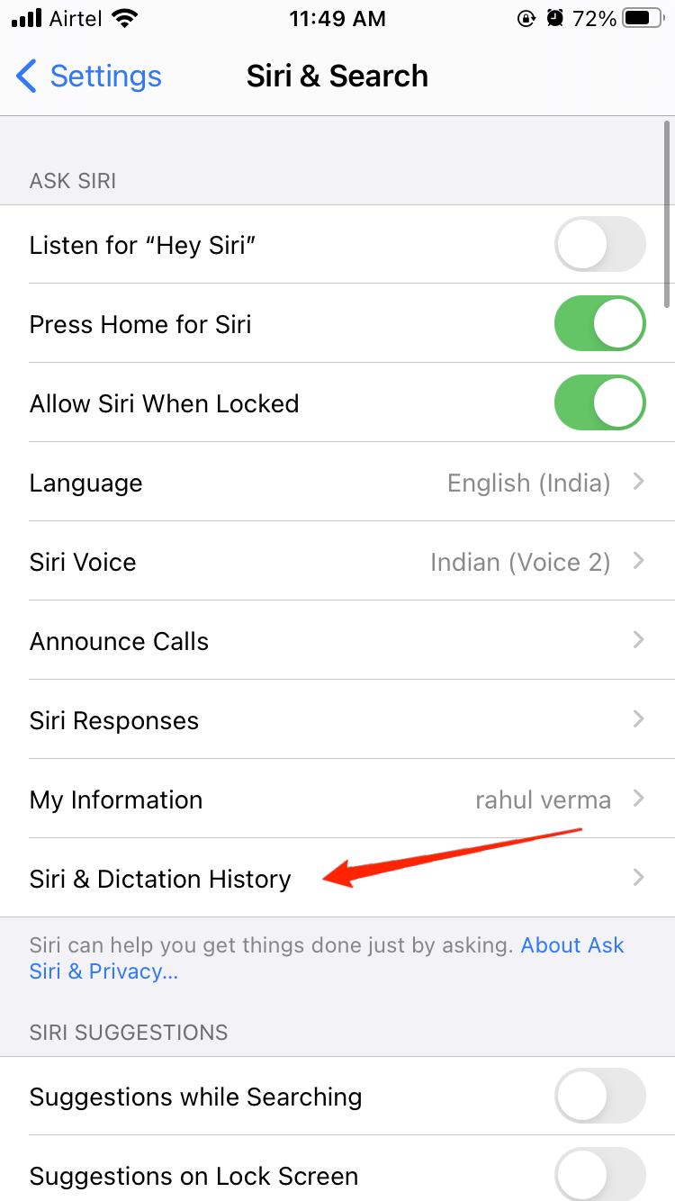 Click-on-Siri-Dictation-History-option