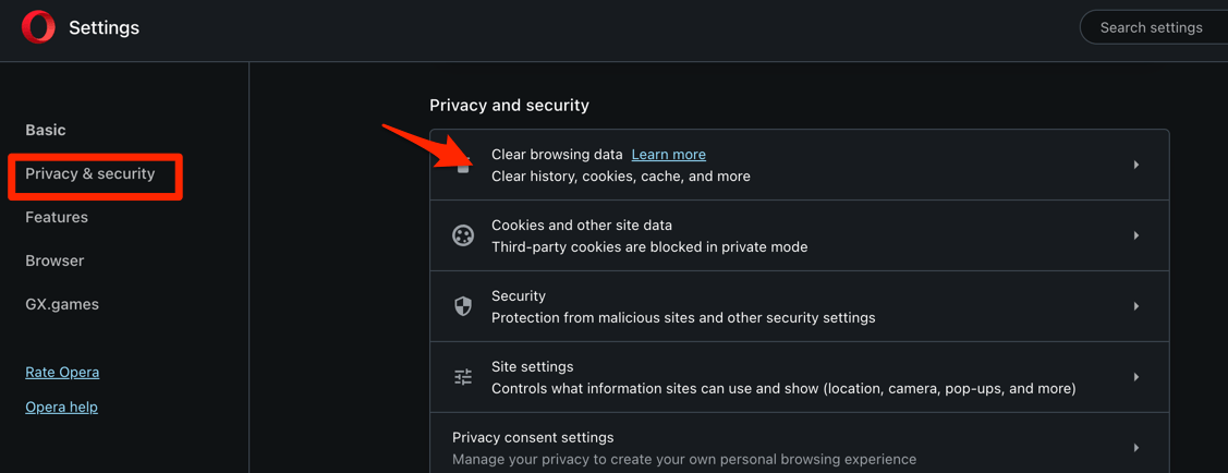 Clear_browsing_data_option_under_Privacy_and_Security_settings_page_on_Opera_computer