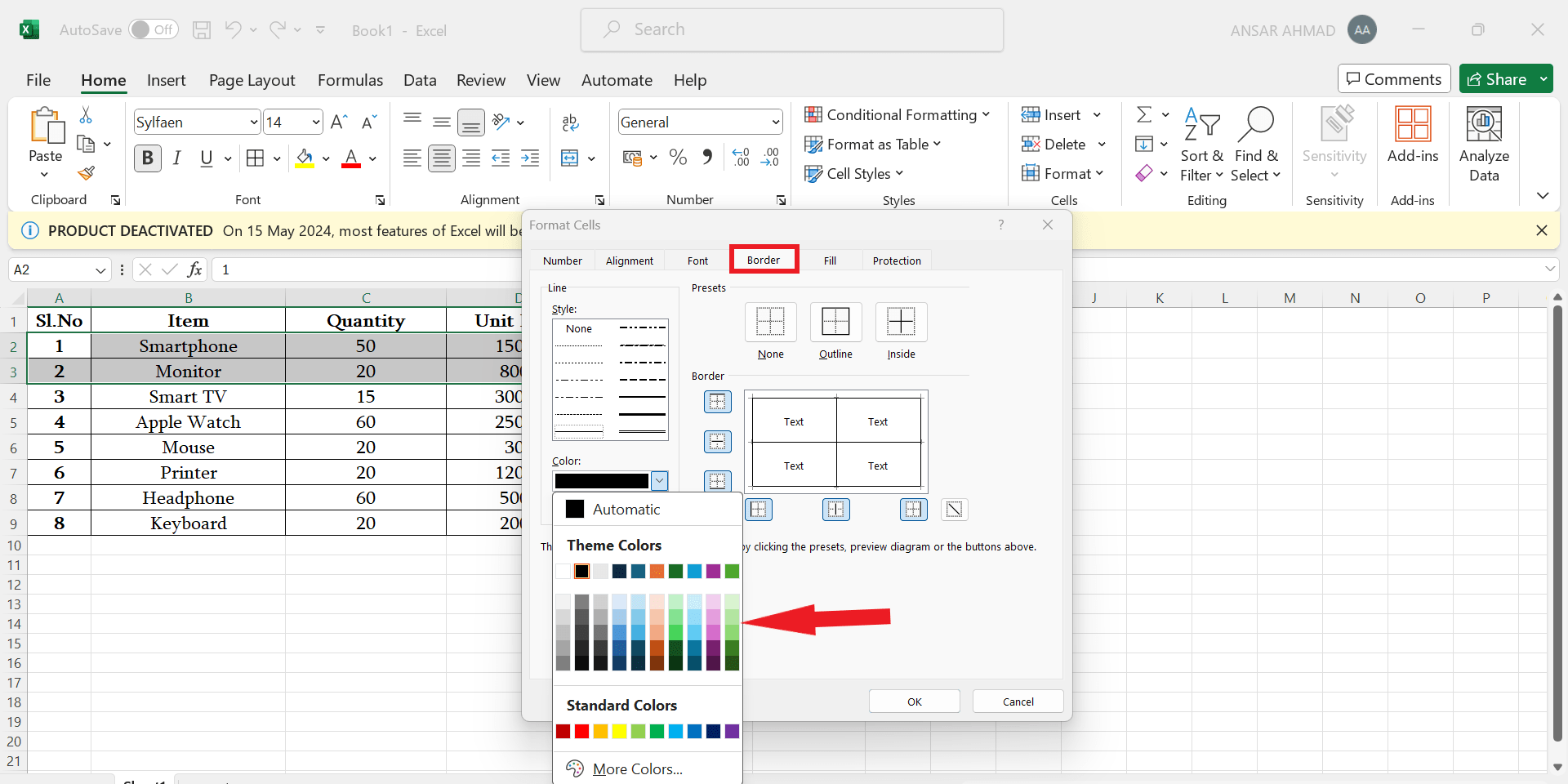 如何在 Microsoft Excel 中更改边框颜色 如何在 Microsoft Excel 中更改边框颜色