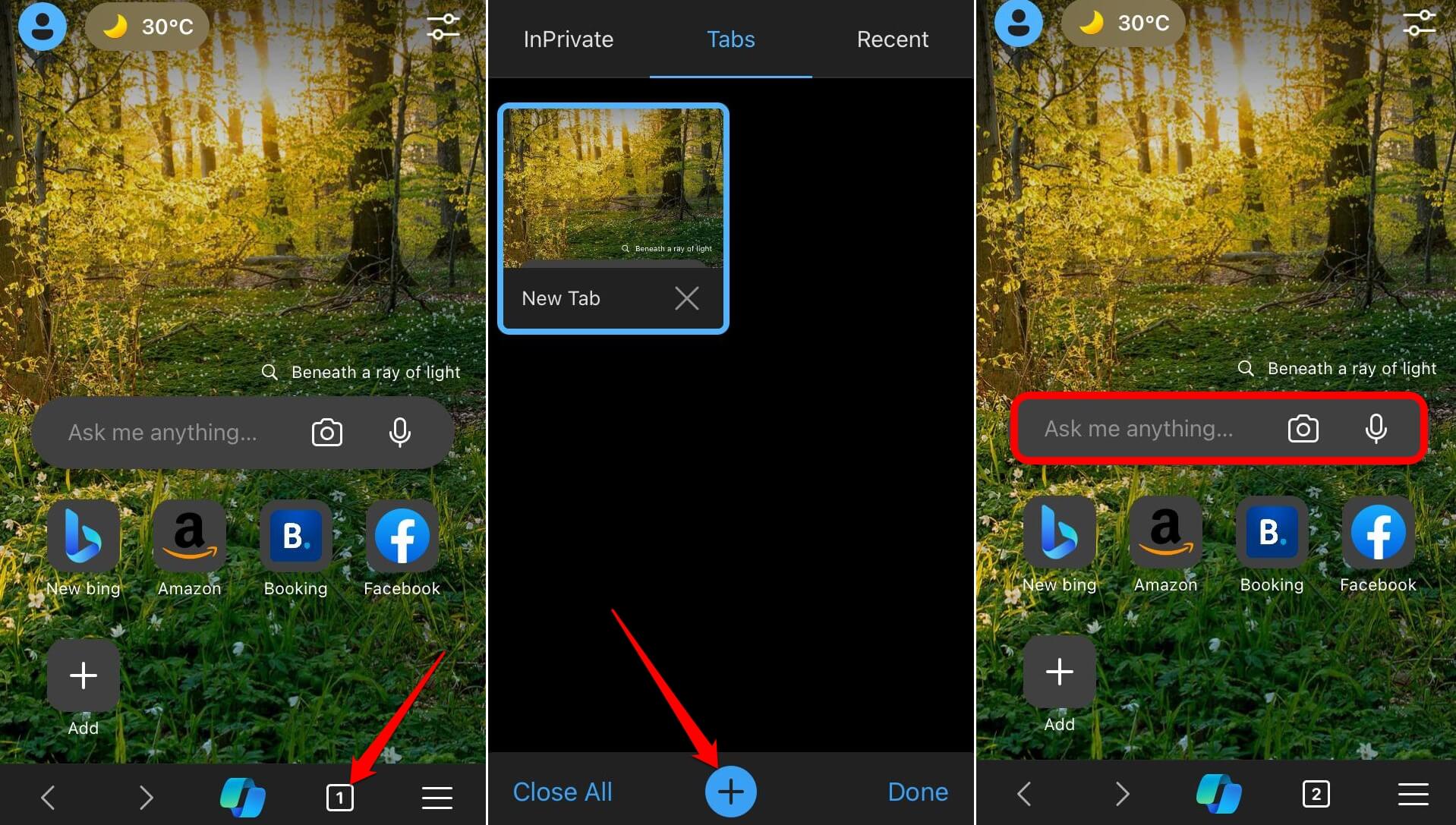 在 iPhone 和 iPad 上的 Edge 中打开新选项卡并启动 InPrivate 模式 在 iPhone 和 iPad 上的 Edge 中打开新选项卡并启动 InPrivate 模式